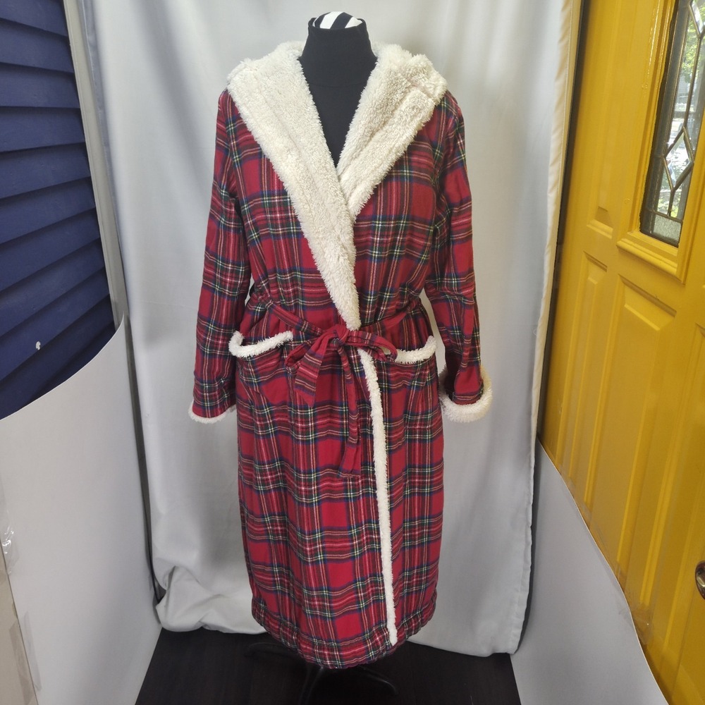L.L. Bean Scotch Plaid Flannel Sherpa Lined Hooded Robe Women's Medium Cottage